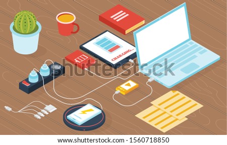 Gadget charger background with tablet laptop and smartphone isometric vector illustration