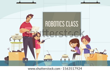 Robotics class cartoon composition with teacher demonstrating motion control of drones and robots vector illustration