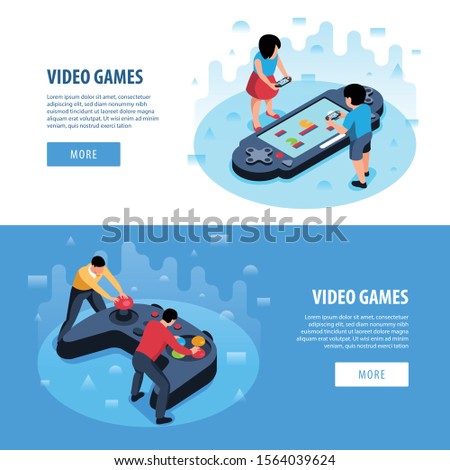 Set of two isometric video game horizontal banners with clickable buttons text people and joystick images vector illustration