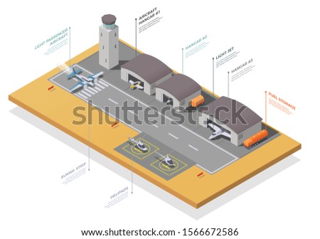 Small air transport hangers and take off strip isometric composition 3d vector illustration