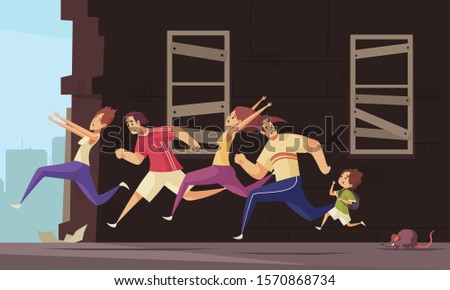 Cartoon poster with terrified people running away from rat against background of wooden house with boarded up windows vector illustration