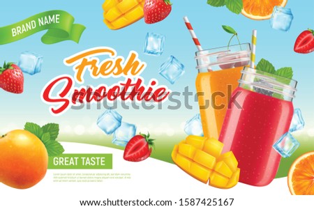 Realistic jar cocktail smoothie horizontal advertising poster with ice cubes fruit slices editable text and drinking bottles vector illustration