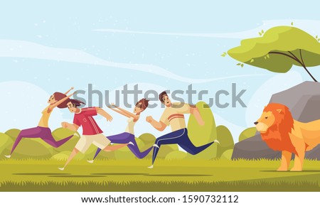 Colorful cartoon background with stressed adult people running away from lion at nature background vector illustration