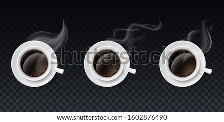 Steam smoke top realistic cups transparent set with three cups of coffee producing fumes of various shape vector illustration