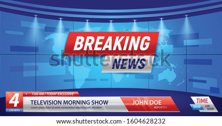 Breaking news background with silhouette of earth map studio lights and bars with editable vfx text vector illustration