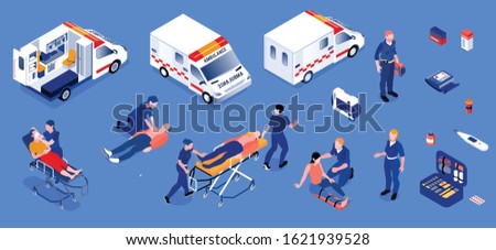 Ambulance isometric set of reanimobiles and medical personnel providing first aid to patients isolated vector illustration