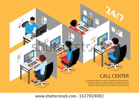 Call center interior isometric composition with customer support service agents workplace cubicles advertising background poster vector illustration  
