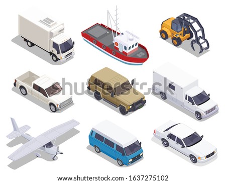 Transport set of isolated isometric icons of cars trucks airplane and boat images on blank background vector illustation