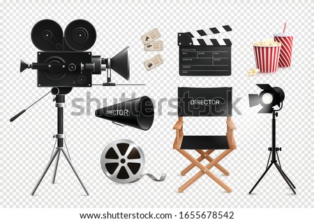 Cinema film production realistic set of isolated images on transparent background with camera reel and chair vector illustration