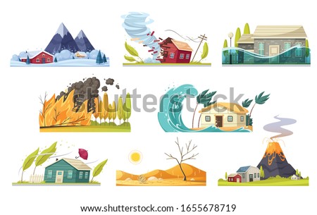 Natural disaster cartoon style set of isolated compositions with various kinds of elemental calamities and catastrophes vector illustration
