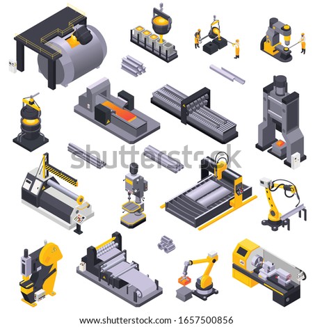 Metal industry isometric icons set with automated plant equipment and workers isolated on white background 3d vector illustration