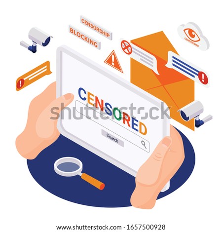 Internet censorship content blocking isometric composition with camera watching eye symbols surrounding hands holding tablet vector illustration 