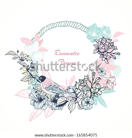 Gentle romantic frame with birds and flowers illustration