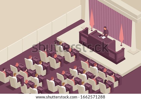 Parliament government isometric composition with parliament chamber indoor scenery with elected officials and spokesman with text vector illustration