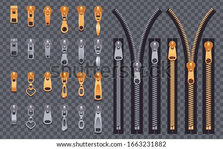 Zipper realistic set of isolated silver and golden slide fastener elements on transparent background with sliders vector illustration