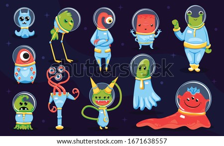 Kids game collection of colored monsters and aliens cartoon characters on dark background isolated vector illustration