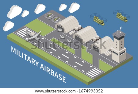 Military airbase airfield aerodrome facility with hangars traffic control tower landing aircraft flying helicopters isometric vector illustration 