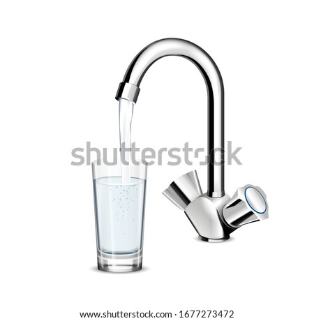 Pouring glass of water from stainless steel kitchen faucet on white background realistic vector illustration