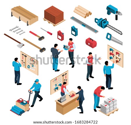 Isometric icons set with customers shop assistants tools at hardware store isolated vector illustration