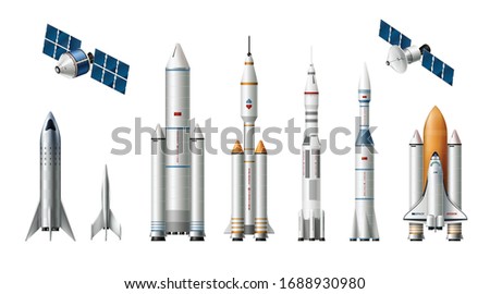 Rocket spacecraft realistic set with images of launch vehicles satellites and manual crafts on blank background vector illustration