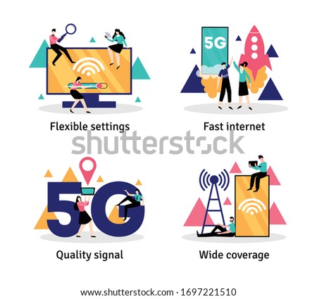 Set of four 5g internet compositions with editable text and flat images with electronics and people vector illustration