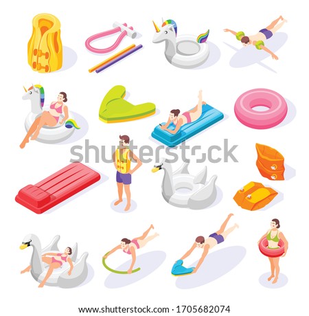 Isometric icons set with swimming aids and people using various colorful equipment 3d isolated vector illustration