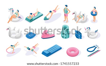 Isometric swimming aids icons set with people inflatable ring air bed noodle arm band isolated on white background 3d vector illustration