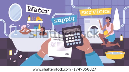 Payment of water utility services flat composition with view of bathroom with bath and washing machine vector illustration