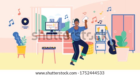Music smartphone flat composition with living room scenery and dancing person with headphones and musical notes vector illustration