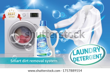 Laundry detergent realistic horizontal composition with white shirt washed with this product vector illustration