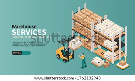 Warehouse industrial space storage pick pack orders shipping delivering logistic services isometric landing page banner vector illustration 