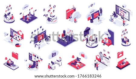 Distant remote outside office work control monitoring management telecommunication cloud data sharing isometric icons set vector illustration 