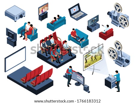 Isometric cinema set with isolated icons of movie theater equipment audience characters and home cinema images vector illustration