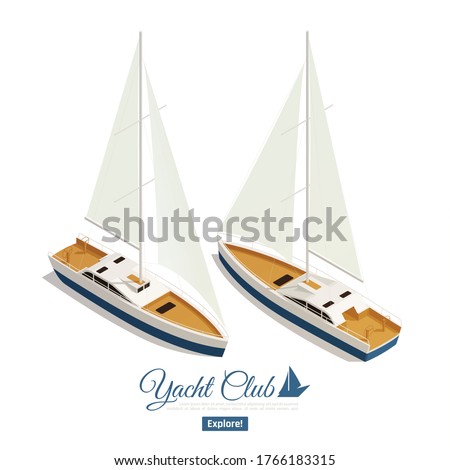 Yacht club emblem isometric landing page design with 2 sailboats go parallel in opposite direction vector illustration 
