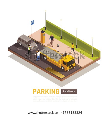 Parallel parking next to curb isometric element with wrong parked vehicle driver dispute with policeman vector illustration 