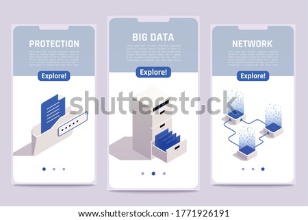 Big data storage privacy network access protection solutions 3 isometric mobile smartphones screens templates set vector illustration 