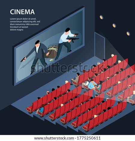 Isometric cinema background with indoor view of movie theater plex with seats audience and editable text vector illustration