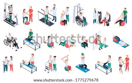 Physiotherapist practice rehabilitation medical center recovery exercises program equipment massage treatment isometric icons set isolated vector illustration