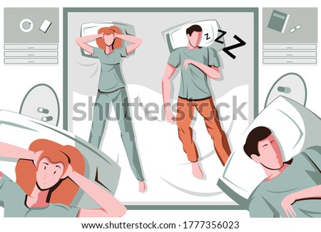 Snore sleep apnea flat composition with view of bedroom and annoyed woman next to snoring man vector illustration