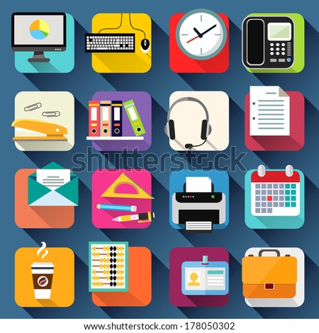 Business office stationery icons set of computer briefcase headphones and coffee isolated vector illustration