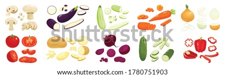 Sliced vegetables set with onion carrot and potatoes flat isolated vector illustration