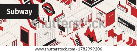 Isometric white red and black seamless pattern with subway trains ticket barrier escalator 3d vector illustration