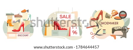 Custom made shoes shoemaker discount footwear shop high heels women pumps sale 3 flat compositions vector illustration  Foto stock © 