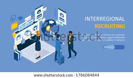 Interregional recruiting program landing page with standing on laptop agent searching candidates isometric web banner vector illustration 