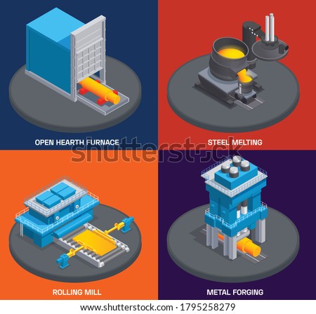 Metallurgy foundry industry isometric design concept with images of plant furnace rolling mill and other facilities vector illustration