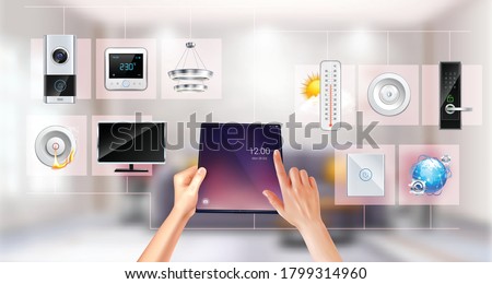 Smart home climate lighting door lock doorbell remote tablet touchscreen control worldwide access realistic composition vector illustration