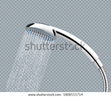 Isolated shower head with running water realistic object on transparent background vector illustration