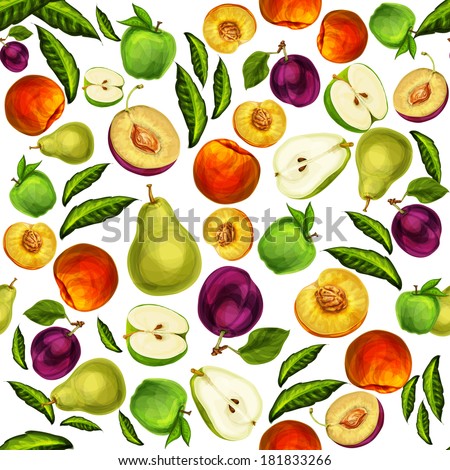 Seamless mixed ripe juicy sliced fruits pattern background with apple plum peach and pear hand drawn sketch vector illustration