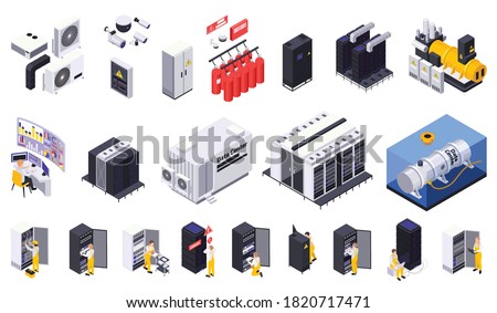 Data center isometric set of isolated surveillance power and cooling system elements with server racks icons vector illustration