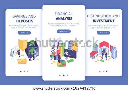 Finance business 3 vertical isometric mobile screen banners with savings deposits analysis  distribution investment app vector illustration 